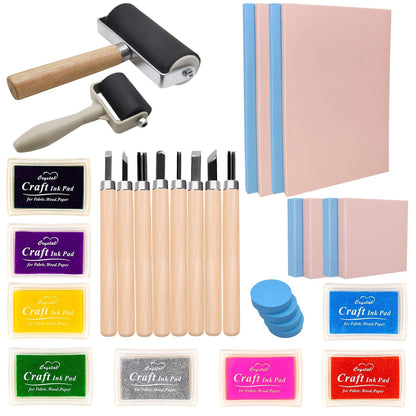 HRJZF 30PCS Rubber Block Stamp Carving Blocks with Cutter Tools and Rubber Brayer Roller for DIY Printmaking and More Crafts (Combo Pack)