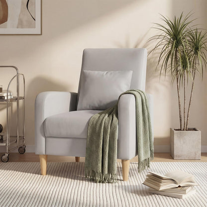 COLAMY Faux Leather Accent Living Room Chairs Set of 2, Upholstered Arm Chair Reading Side Chair, Single Sofa with Back Pillow and Wood Legs, Light Grey