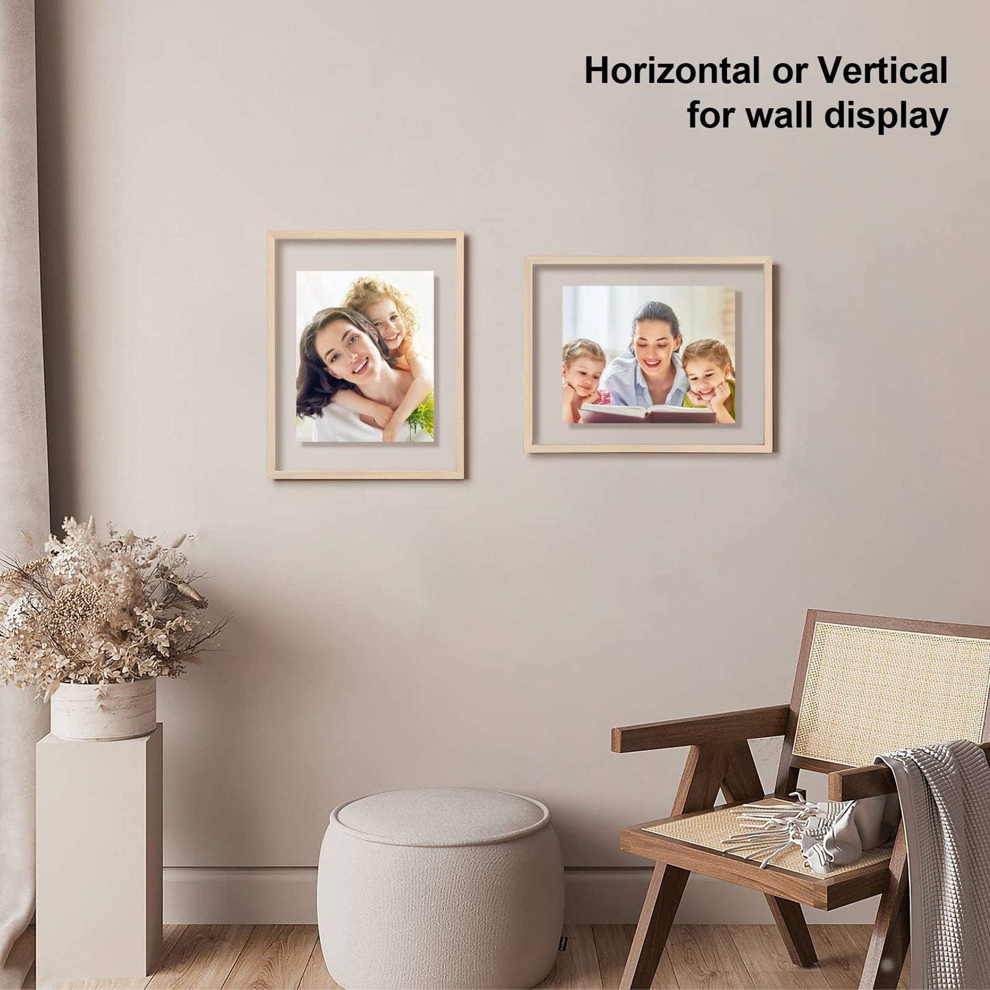 Egofine 11x14 Floating Frames Set of 2, Double Plexiglass Picture Frame, Made of Solid Wood Display Any Size Photo up to 11x14, Wall Mount or Tabletop Standing, Natural Wood