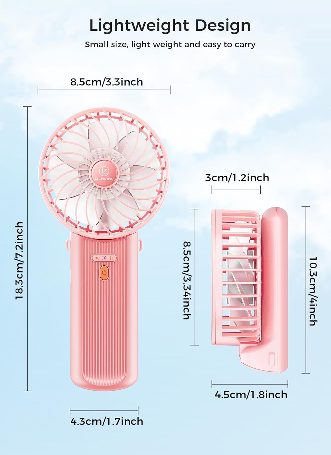 JZCreater Mini Handheld Fan, Portable 15H Cooling Fan, Quiet 4 Speed USB Rechargeable Desk Fan for Travel, Outdoor, Home