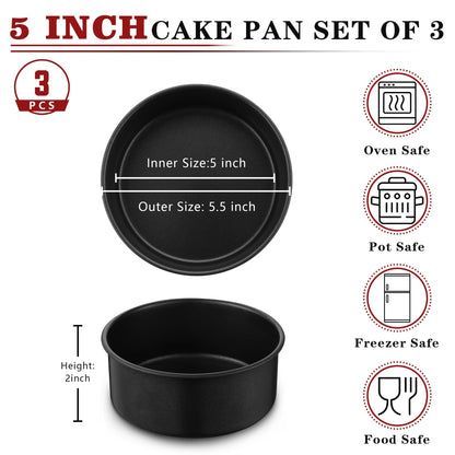 E-far 5 Inch Cake Pan Set of 3, Nonstick Stainless Steel Small Baking Pans Tins, Round Bakeware for Layer Cakes, Stainless Steel Core & Non-Toxic Coating, Straight Side & 2 Inch Deep