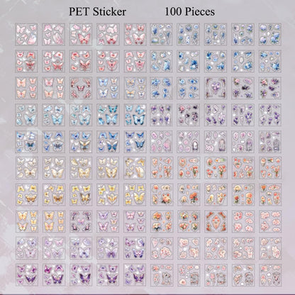 MAFELOE PET Scrapbook Stickers, 100 Sheets of Box Set, Aesthetic Deco Journaling Supplies for Junk Bullet Album Calendars Diary Planner- Flower& Butterfly Series
