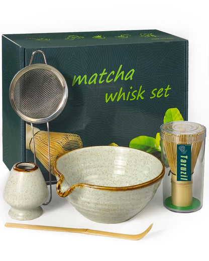 Taruzil Matcha Whisk Set with Matcha Bowl, Matcha Bamboo Whisk, Scoop, Sifter, Matcha Whisk Holder Unique Gifts for Women Mom Her Girl Friend Home Kitchen Decor Gifts for Christmas, Birthday