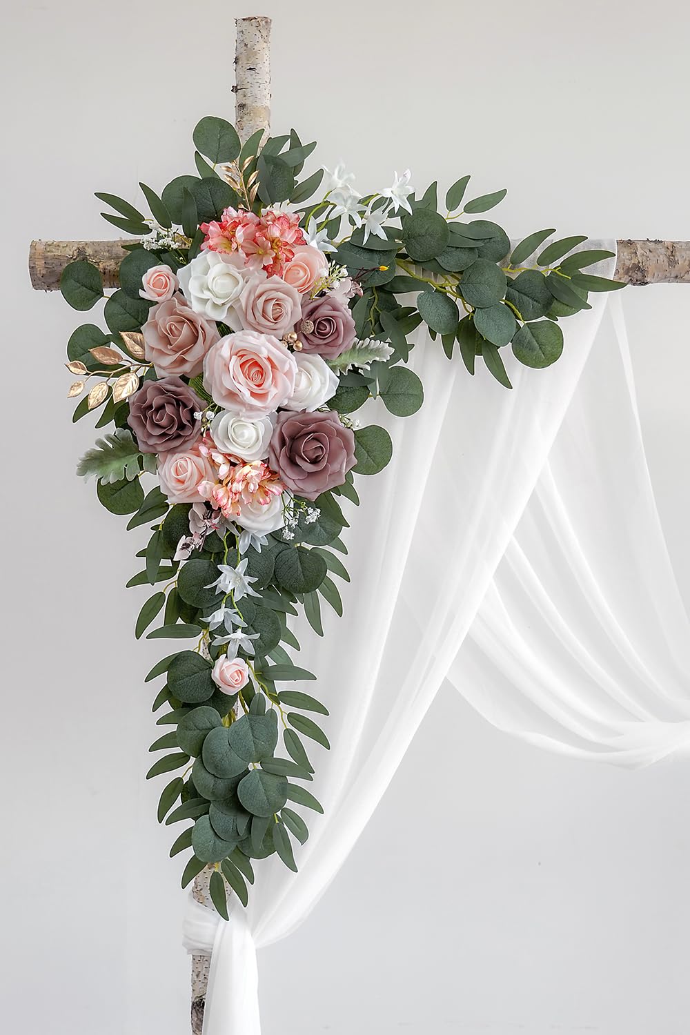 Olalaka Dusty Rose Artificial Wedding Arch Flowers Kit (Pack of 3) with 26Ft White Shiny Arch Draping Fabric for DIY Wedding Party Ceremony Reception Backdrop Floral Decoration