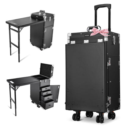 BYOOTIQUE Portable Manicure Table Nail Station Rolling Makeup Case with 4 Drawers Nail Table Storage for Makeup Artist Nail Tech Manicurist, Black, 33" x 16" x 31"