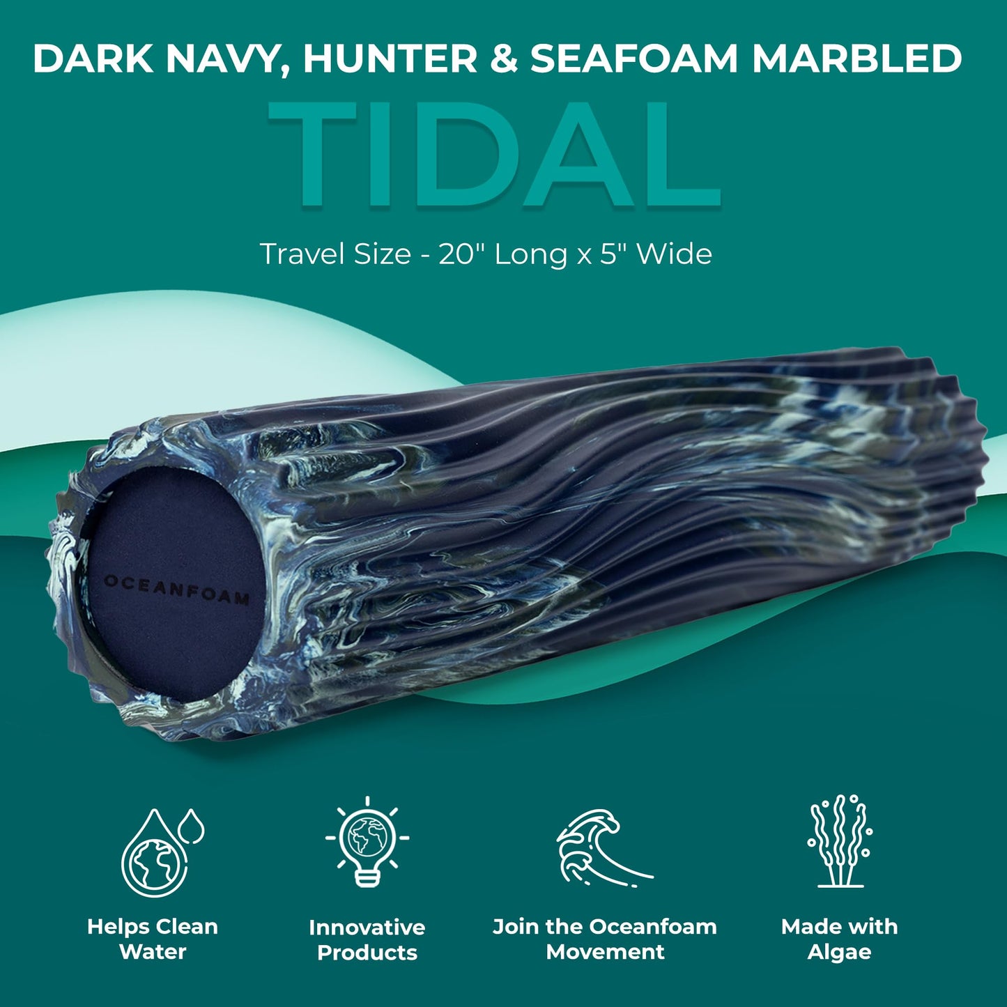 Oceanfoam Tidal Roller - Black Marbled - Muscle Massage Foam Roller for Back Pain & Stretching - Firm and Ergonomic Wide Wave Textured - Yoga, Athletics, & Wellness - Full Size, 20" x 5"