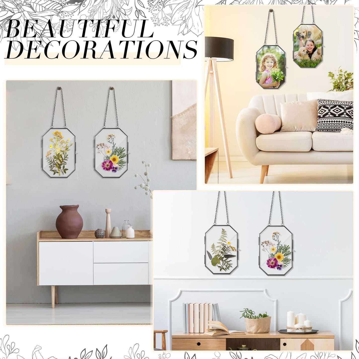Qunclay 2Pcs Pressed Flower Frames Floating Wall Hanging Double Glass Frames with Metal Chain for Display Dried Plant Specimen Picture Pretty Gifts for Mom Friends DIY Handy Craft(Black,4 x 6 Inch)