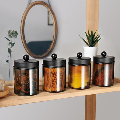 Amolliar Amber Glass Qtip Holder, Apothecary Jars with Matte Black Metal Lid & Stickers-Bathroom Qtip Dispenser Storage Organizer Set,Vanity Counter Canister for Cotton Swabs,Round Pads,Floss (6 Pack)