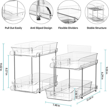 Delamu 2 Sets of 2-Tier Clear Under Sink Organizers, Multi-Purpose Stackable Bathroom Cabinet Storage