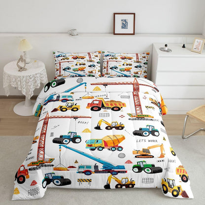 Set Bulldozer Set 3Pcs Tractor Comforter, Excavator Machinery Trucks Bedding Full Size, Construction Vehicle Down