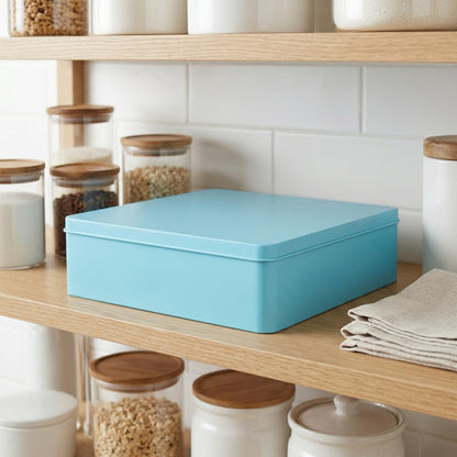 Ipetboom Large Square Tin Storage Box with Lid Extra Large Metal Container for Home Organization for Cookies Snacks and Packaging Sturdy Tinplate Blue
