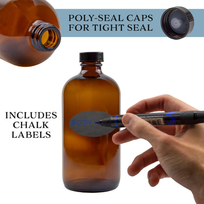 Cornucopia Brands 16oz Amber Glass Bottles with Reusable Chalk Labels and Lids (Pack of 2) Refillable Brown Boston Round Bottles, with Black 28-400 Caps