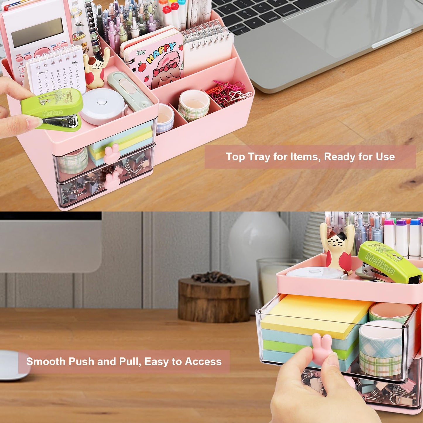 Meiikun Desk Organizer, Makeup Organizer with 2 Drawers, 7 Compartment & a Top Tray, Desktop Organizers and Storage for Women, Cute Home organization Bathroom, 11" x 5.7" x 4.7" (Pink)