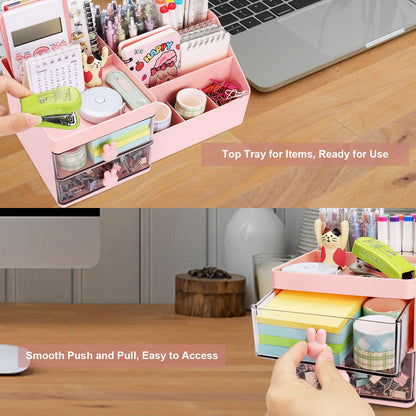 Meiikun Desk Organizer, Makeup Organizer with 2 Drawers, 7 Compartment & a Top Tray, Desktop Organizers and Storage for Women, Cute Home organization Bathroom, 11" x 5.7" x 4.7" (Pink)