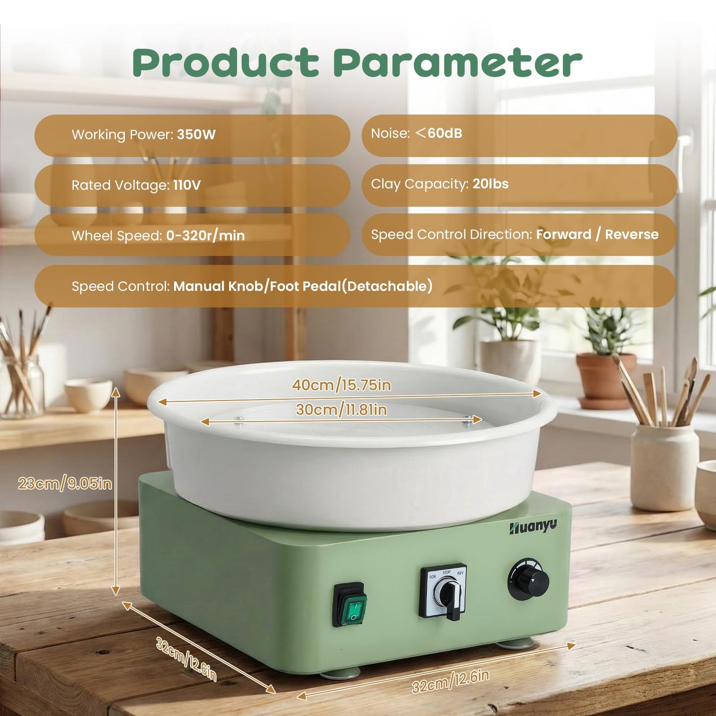 Huanyu Tabletop Pottery Wheel Machine for Adults 12" Bat System Manual & Foot Pedal Control Electric Ceramic Wheel Forming Machine Art Clay DIY Sculpting Tool Kit