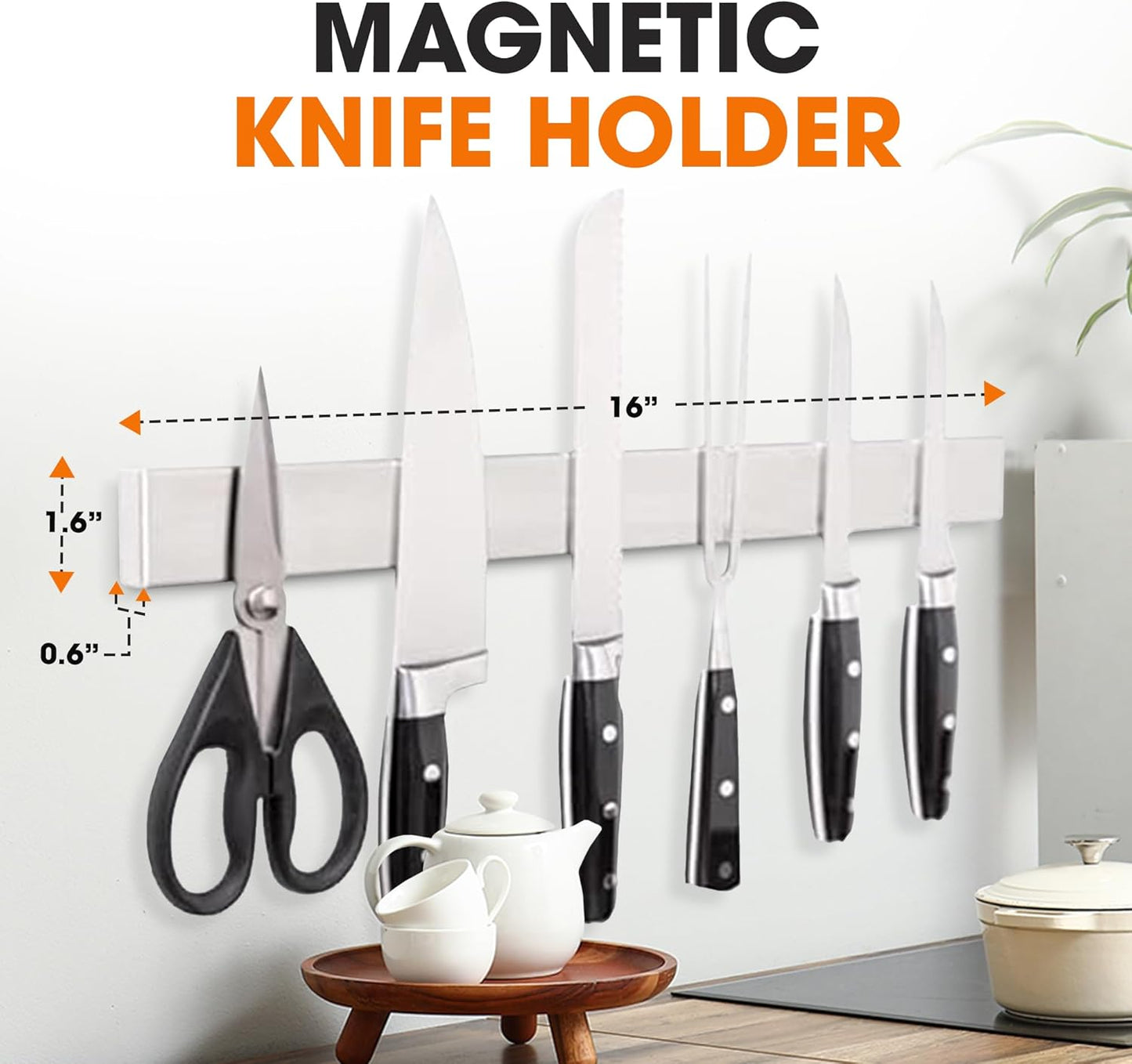 Cheer Collection Magnetic Knife Holder - 16 Inch Stainless Steel Knife Strip - Wall-Mounted Kitchen Utensil & Tool