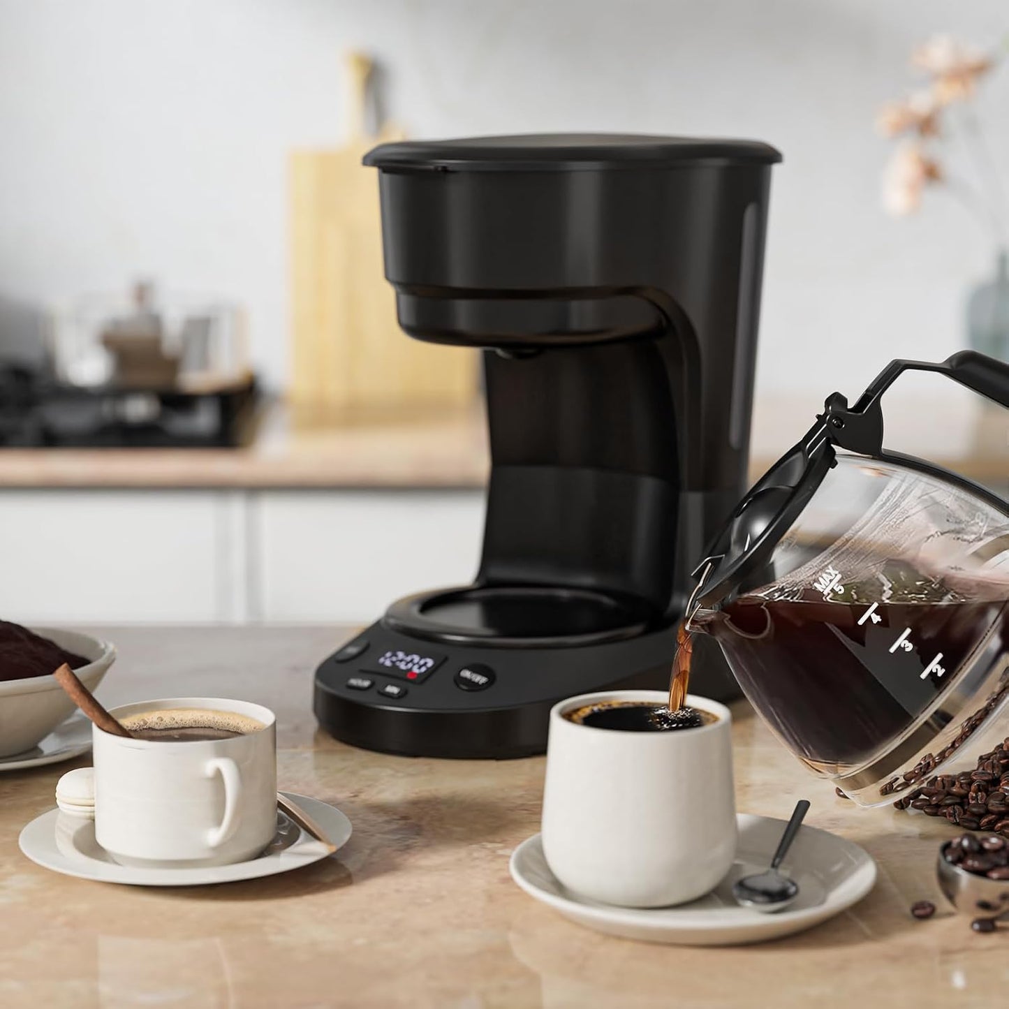 5 Programmable 25oz WAA Cup Drip Coffee Maker, Portable Coffee Machine with Glass Pot, Includes Hot Plate and Reusable