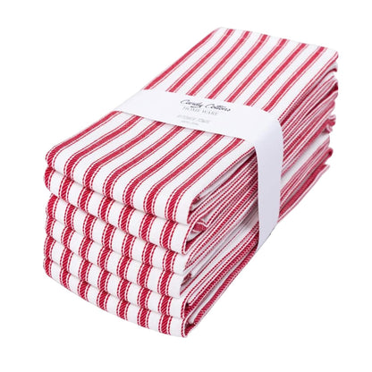 Candy Cottons Stripe Kitchen Dish Towels With Hanging Loop - Boho Absorbent Festive Gift Set of 6 - Reusable 18x28 Inch Pantry Decor - Trendy Spring French Red