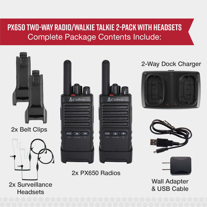 Cobra PX650 BCH6 - Professional/Business Walkie Talkies - Rechargeable, 300,000 sq. ft/25 Floor Range, Dust Protected and Splashproof (IP54 rating), Two-Way Radio Set (6-Pack)