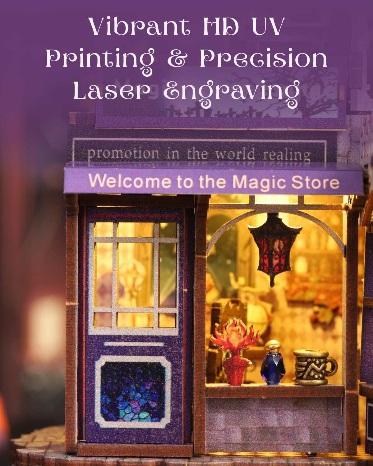 Jorivel Mystic Gateway DIY Miniature House Kit with LED Light – Magic Store Dollhouse Craft Kit – 3D Wooden Puzzles Tiny House Book Nook Halloween Birthday for Adults