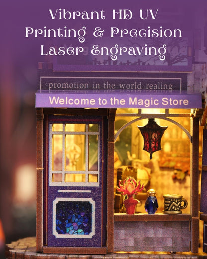 Jorivel Mystic Gateway DIY Miniature House Kit with LED Light – Magic Store Dollhouse Craft Kit – 3D Wooden Puzzles Tiny House Book Nook Halloween Birthday for Adults