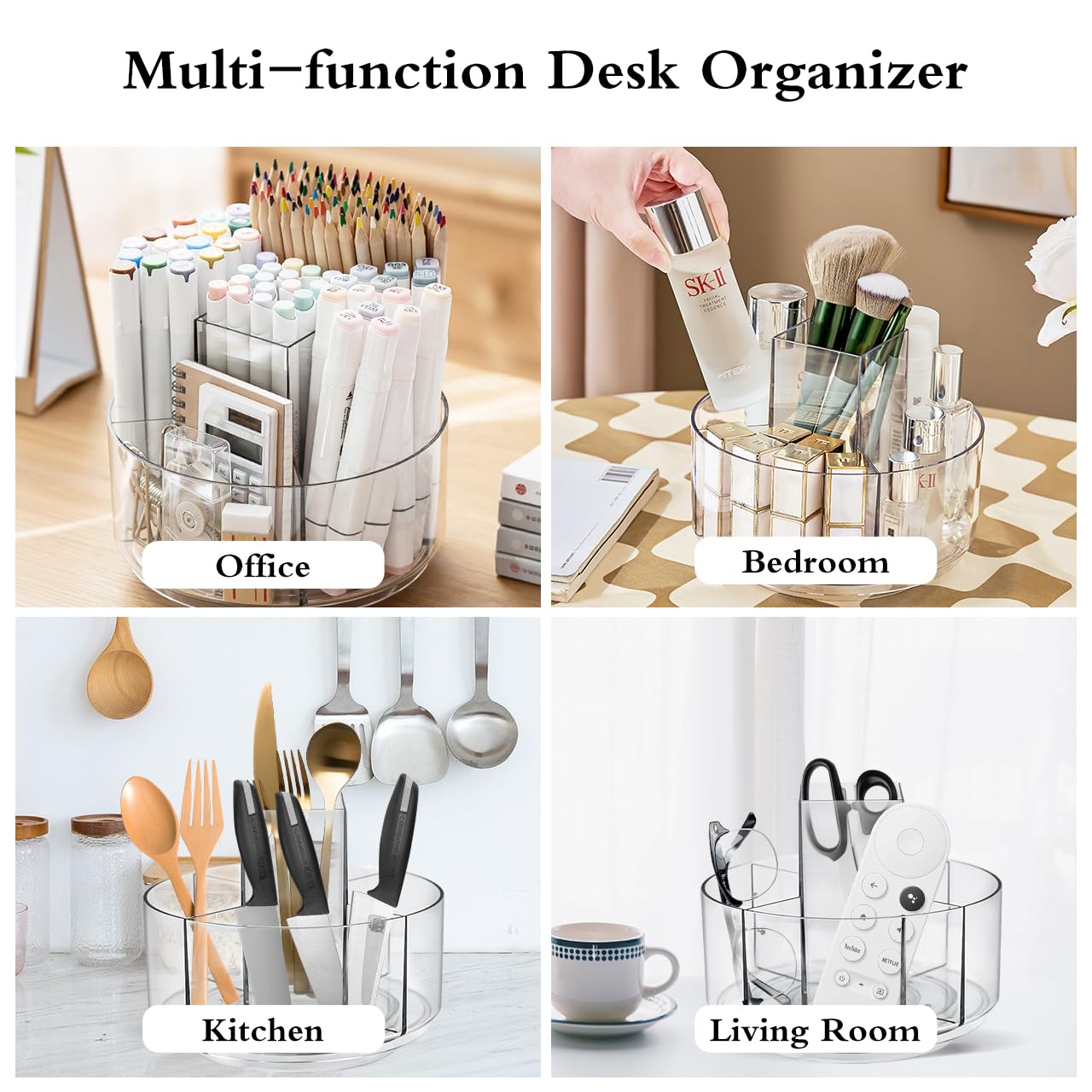 JIKIOU Acrylic Pen Holder, 360-Degree Rotating Pen Holder for Desk, Clear Desk Organizers and Accessories with 5 Compartments Pencil Organizer, Art Supply Storage Box Caddy for Office, Home