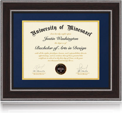 11x14 8.5x11 14 11 Diploma Frames with Blue Mat, Fits Degree Certificate Document, x Walnut Color Frame with Plexiglass