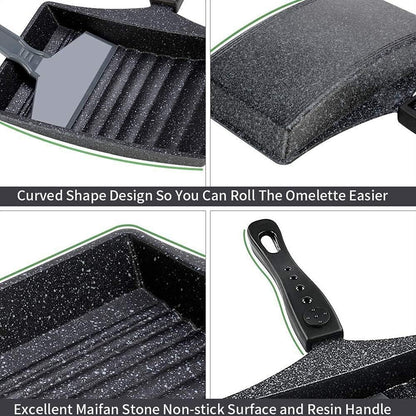 Tamagoyaki Frying Pan, Non-Stick Wave Bottom Maifanite Stone Egg Roll Pan for Omelette, Japanese Snacks, Black