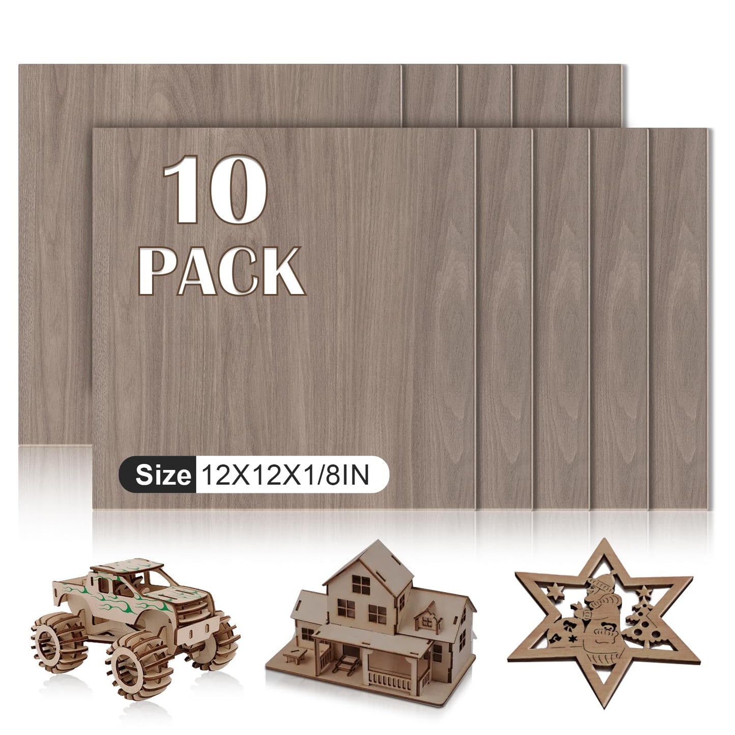 10 Pack Walnut Plywood Sheets 12x12x1/8 Inch, 3mm Plywood for Laser Cutting & Engraving, Unfinished Wood for Crafts, Wood Burning, Architectural Models.