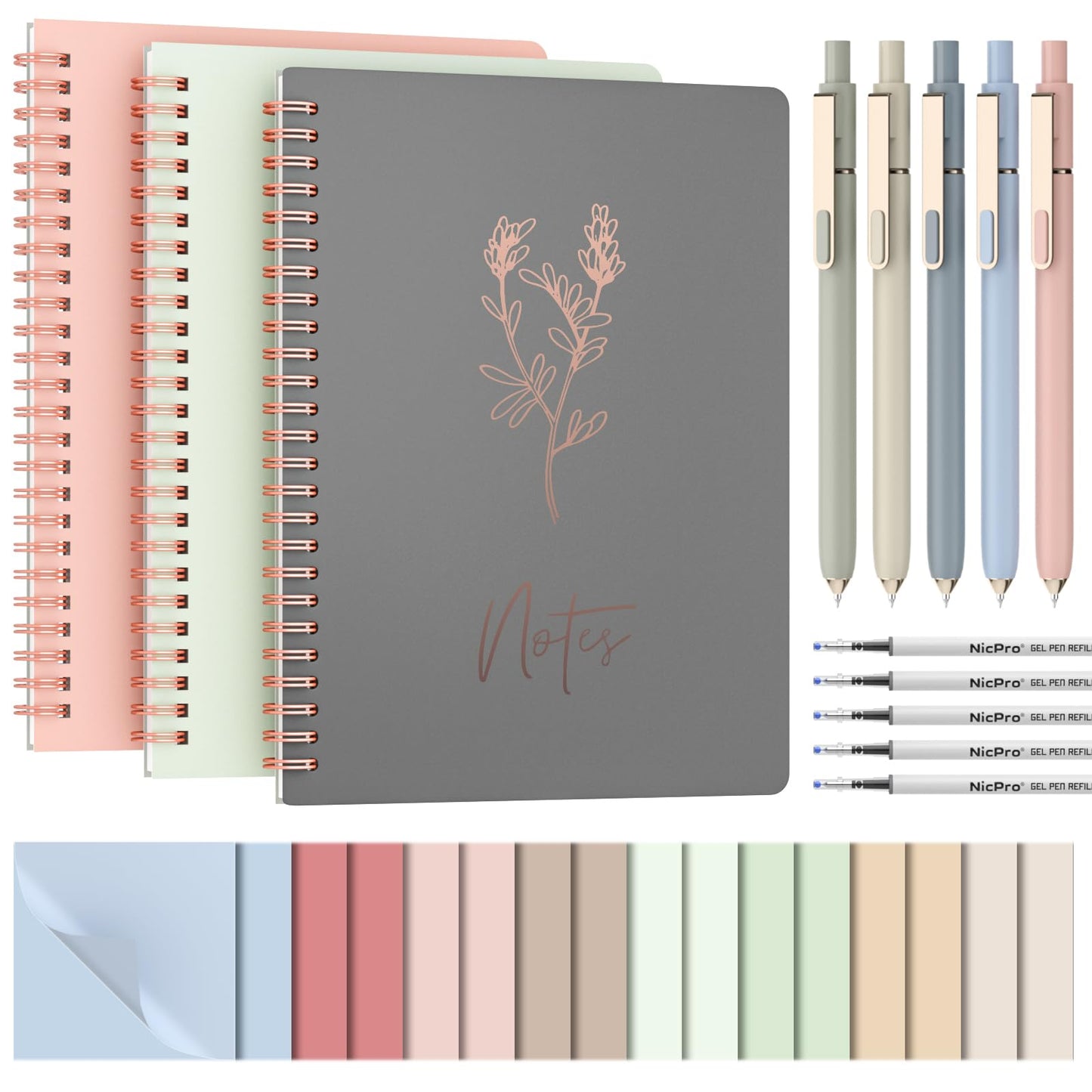 Nicpro Cute Spiral Notebook Stationary Set For Women, Bible Journal Set, 3PCS A5 Spiral Notebook, 5 Gel Pens, 5 Refills, 800 Sticky Notes, Gift Box, Aesthetic Gift Set for Study Office School Supplies
