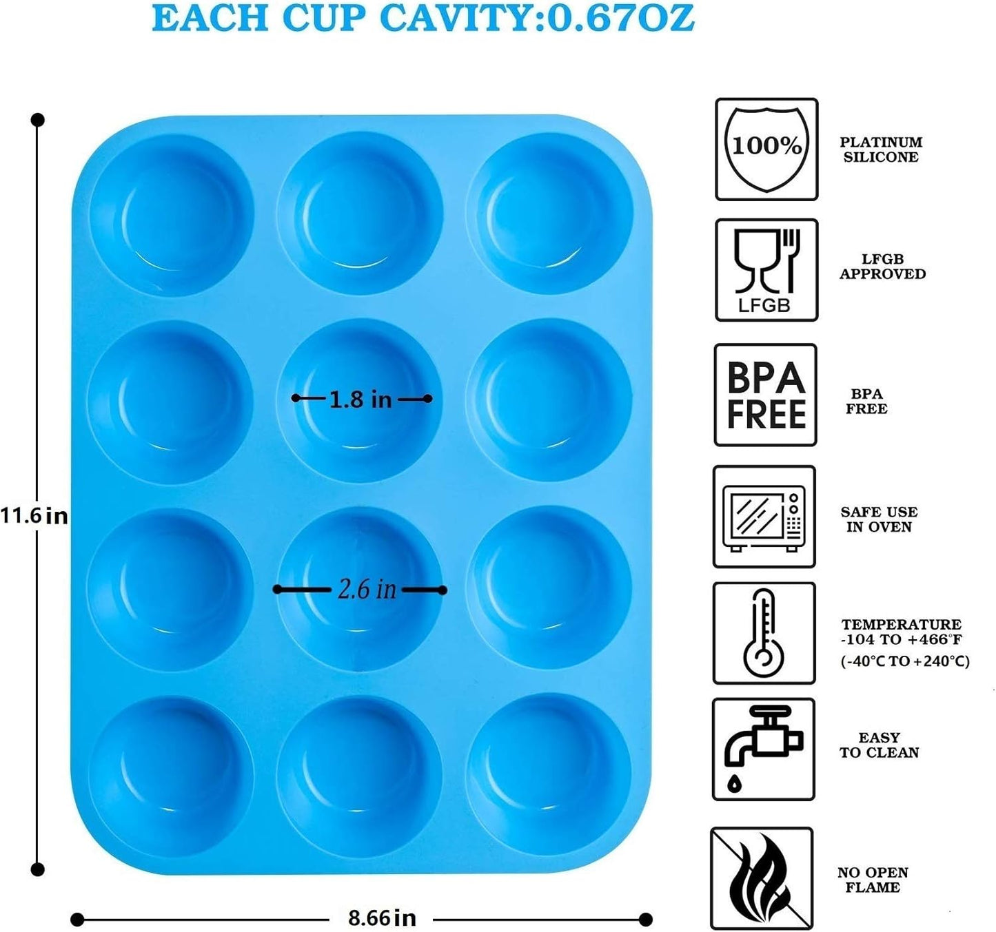 JEWOSTER 12 Cups Silicone Muffin Pan 2 Pack - Nonstick Silicone Molds for Making Muffin Cakes, Bread, Tart - BPA Free