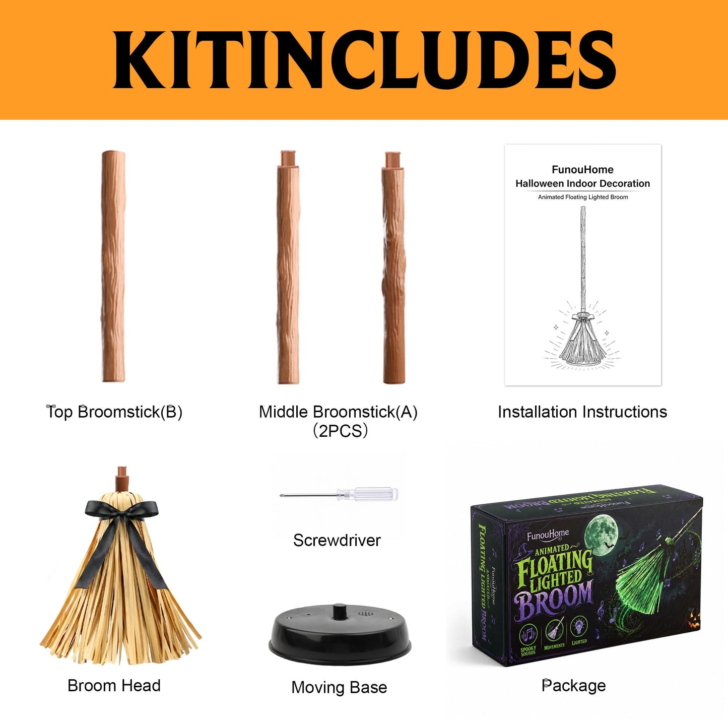 Halloween Decorations Indoor - 49" Animated Floating Lighted Witch Broom with Spooky Sound/Mute Mode - Dancing Magic Broom for Home Party Decorations