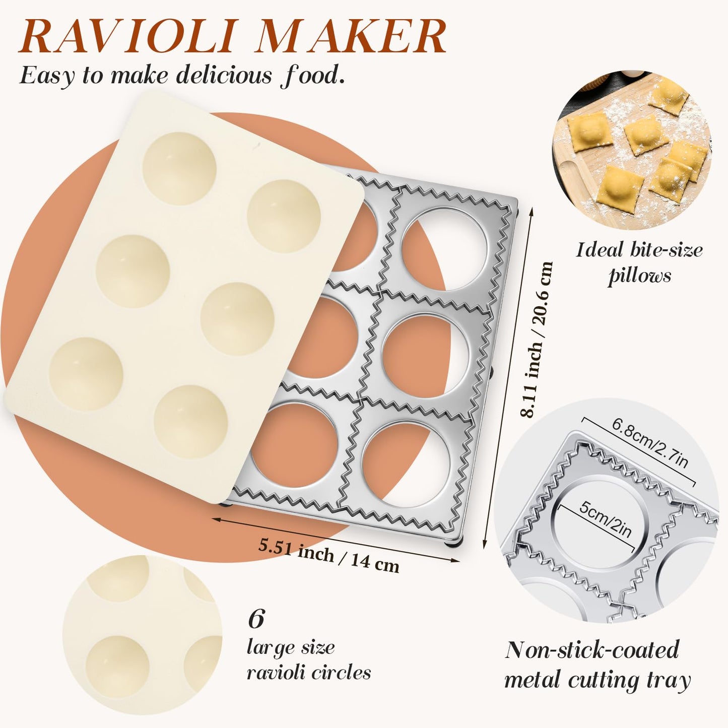 Geetery 5 Pcs Ravioli Mold Set 2.7 Inch Squares Ravioli Maker Cutter Include 1 Raviolis Maker Press 3 Pasta Cutter Stamp Makers 1 Wood Rolling Pin Pasta Making Tool for Home Kitchen Supplies (6 Holes)