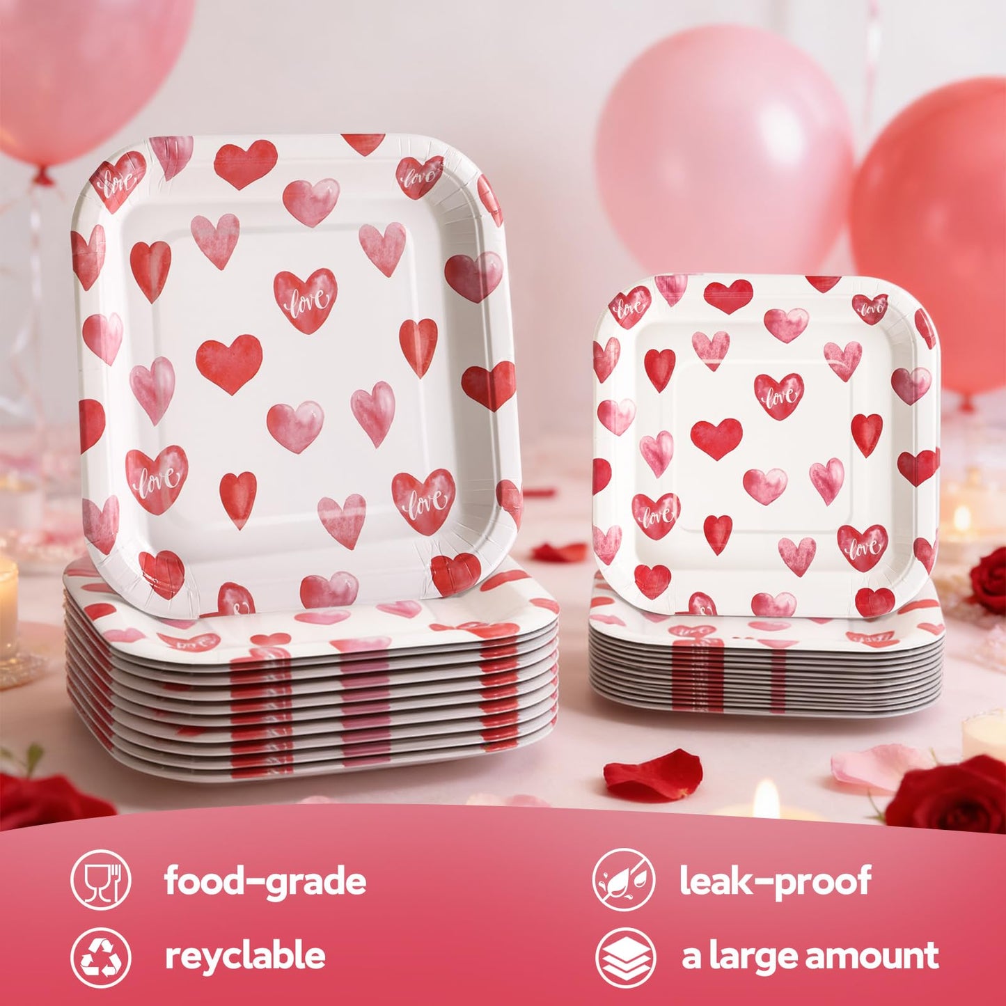 Glinarious Valentines Day Plates and Napkins Sets, Square Valentine Plates 9" Heart Plates 7" for Valentines Day Party Decorations