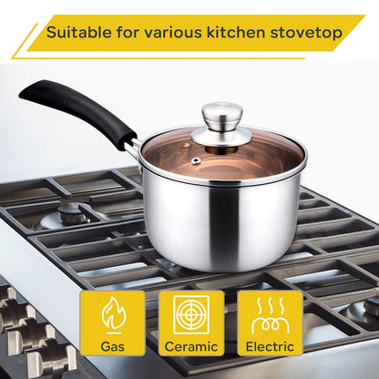 E-far 1 Quart Saucepan with Lid, Stainless Steel Small Sauce Pot with Glass Lid for Cooking, Easy Clean & Rust Free, Dishwasher Safe