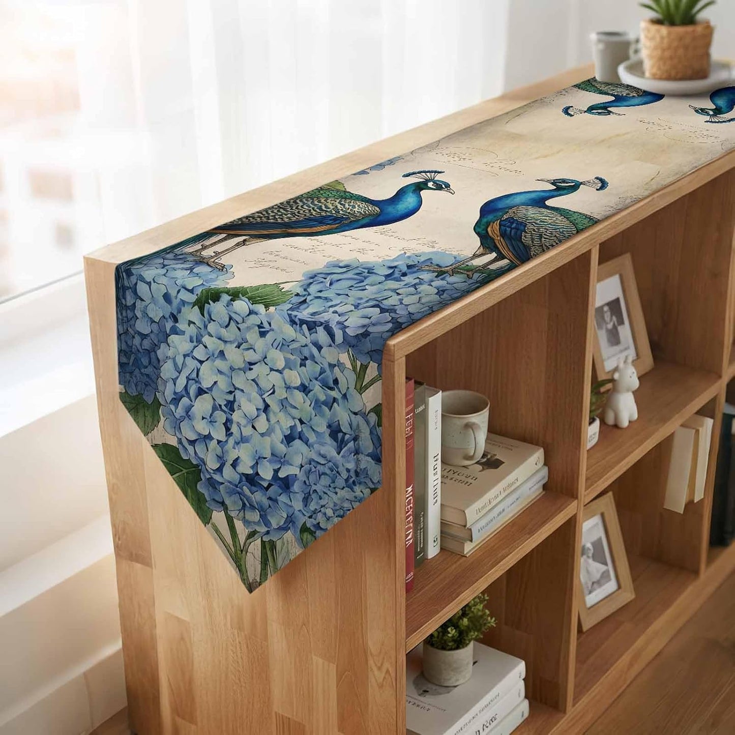 LooPoP 90 Inches Farmhouse Vintage Peacock Table Runner-Cotton Linen-Long Dresser Scarves, Farmhouse Table Runner
