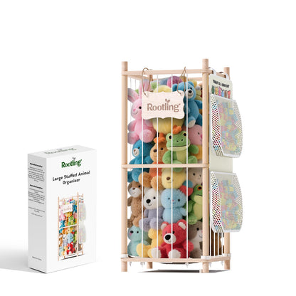 Rootling Stuffed Animal Storage & Organizer, 54 inch Tall Wooden Cute Zoo Toy Holder w/Building Block Storage Bag, Premium Wooden Material with Elastic Cord for Toddler Rooms, Playrooms (Small)