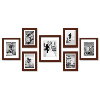 Americanflat Set of 7 Picture Frames with Shatter-Resistant Glass - Gallery Wall Frame Set with One 11x14, Two 8x10 and Four 5x7 Frames - Signature Collection - Mahogany