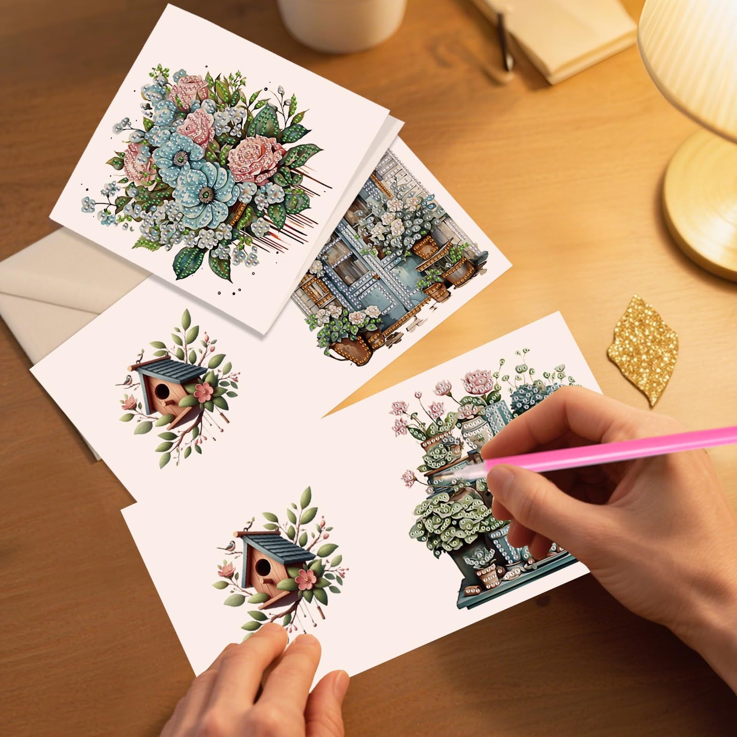 JZHYOAN 6pcs Diamond Art Blessing Greeting Card Set Happy Birthday Diamond Painting Greeting Cards with Envelope DIY House Folding Greeting Card for Birthday Friends Holiday Gift