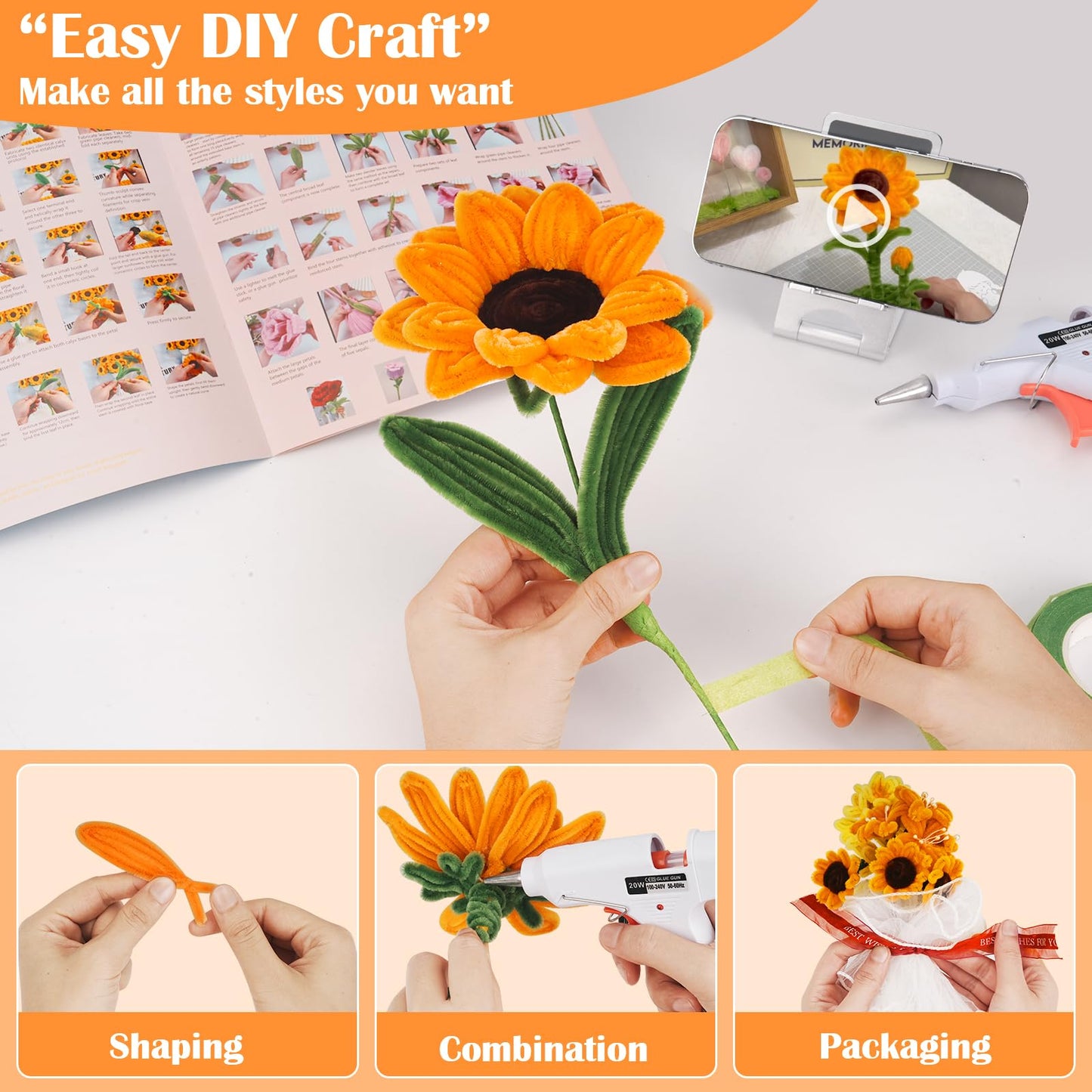 SZXYMUQI 500pcs Pipe Cleaners Craft Kit for Flower Making Sunflower DIY Material Bundle with 20 Stems, 100 Stamens, Ribbon, Tulle, Glue Sticks All-in-One Chenille Stems Art Supplies for Adults Gift