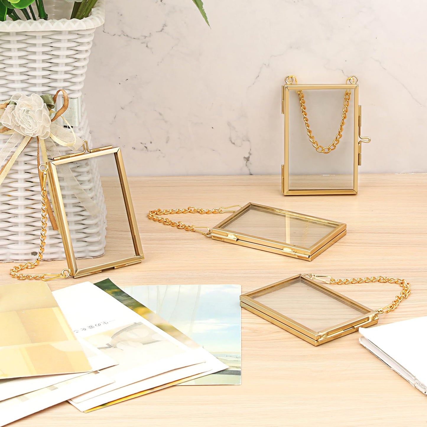 JUXYES 8 Pack Mini Brass Floating Frames Ornaments With Hanging Chain - Double Glass Tiny Picture Display Frame - Gold Wallet Size Floater Style Gallery Wall Frame for Pressed Flowers, 2x3 Inches