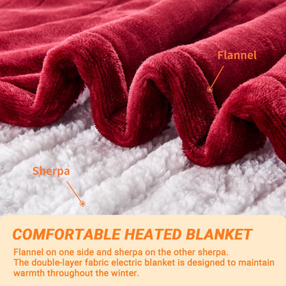 Electric Blanket Heated Throw, Soft Flannel Heating Blanket with 8 Hours Auto Off 10 Fast Heating Levels Machine Washable Sherpa Heated Blanket with Overheating Protection