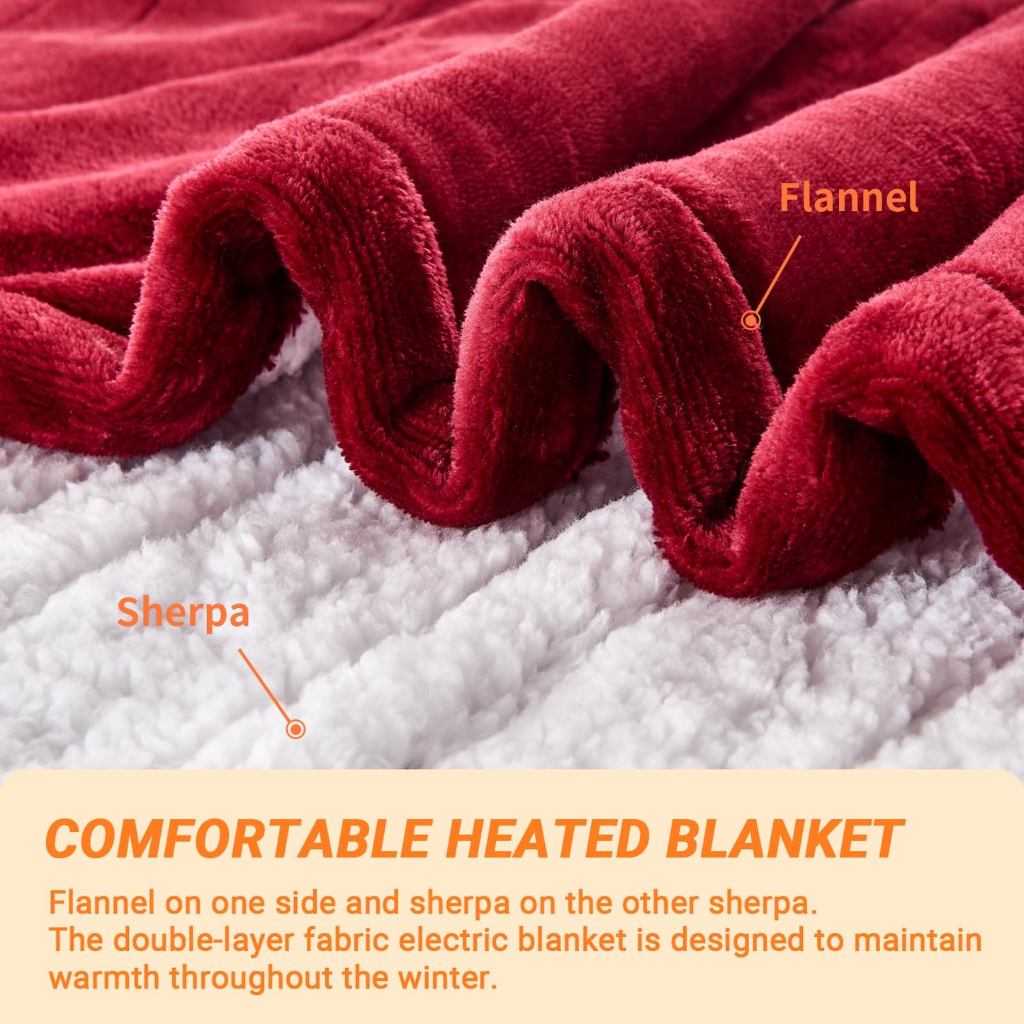 Electric Blanket Heated Throw, Soft Flannel Heating Blanket with 8 Hours Auto Off 10 Fast Heating Levels Machine Washable Sherpa Heated Blanket with Overheating Protection