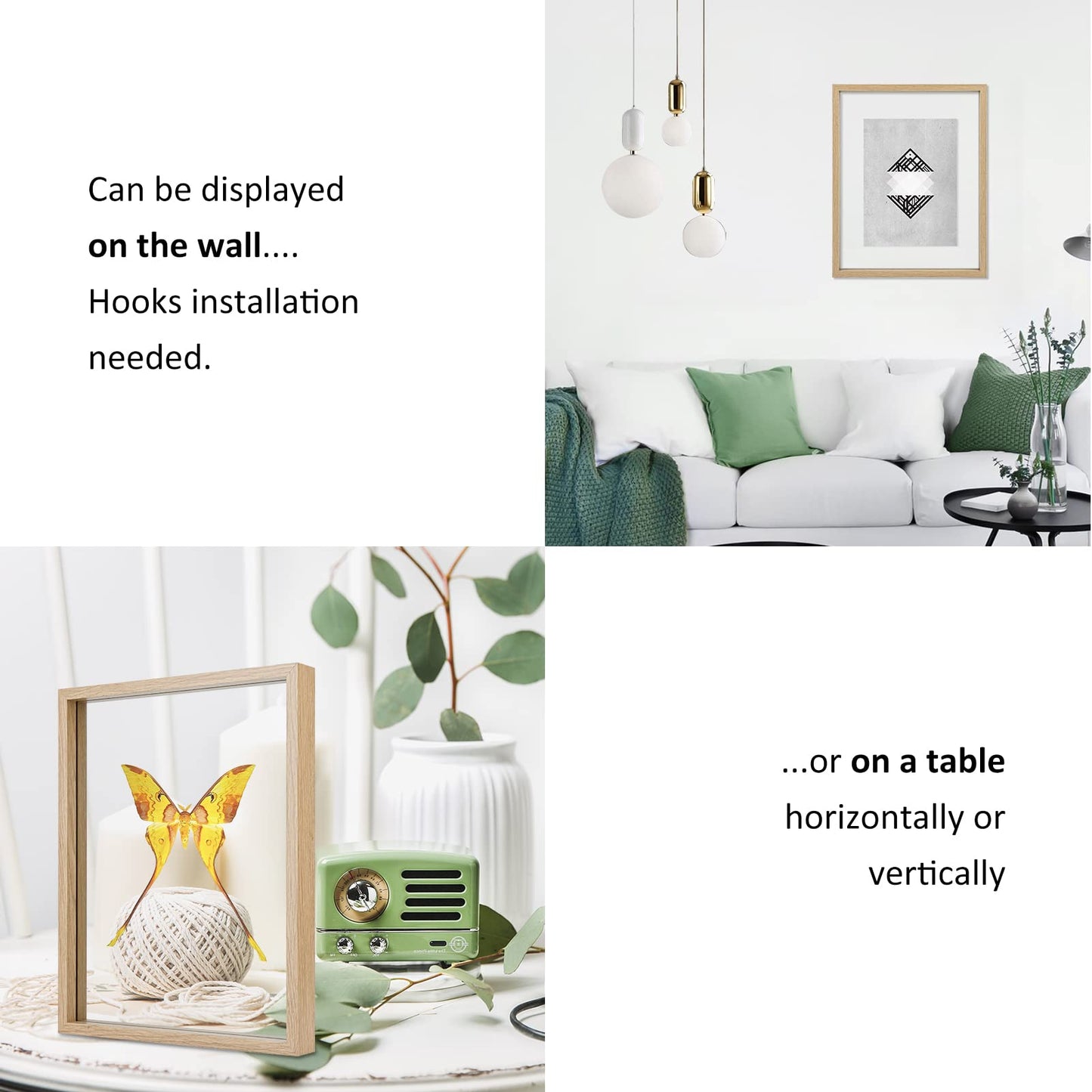 MUYE 11x14 Floating Frame Set of 2,Double Glass Rustic Frame,Display Any Size Photo up to 11x14,Wall Mount or Tabletop Standing,Natural
