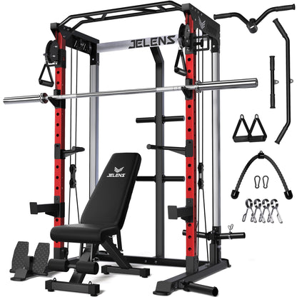 JELENS C21 Power Cage, 2000LBS Multi-Function Power Rack with Independent Dual Pulley System, All-in-One Squat Rack for Cable Crossover, Home Gym Workout Machine (Red, C21 Power Cage (Home Gym))