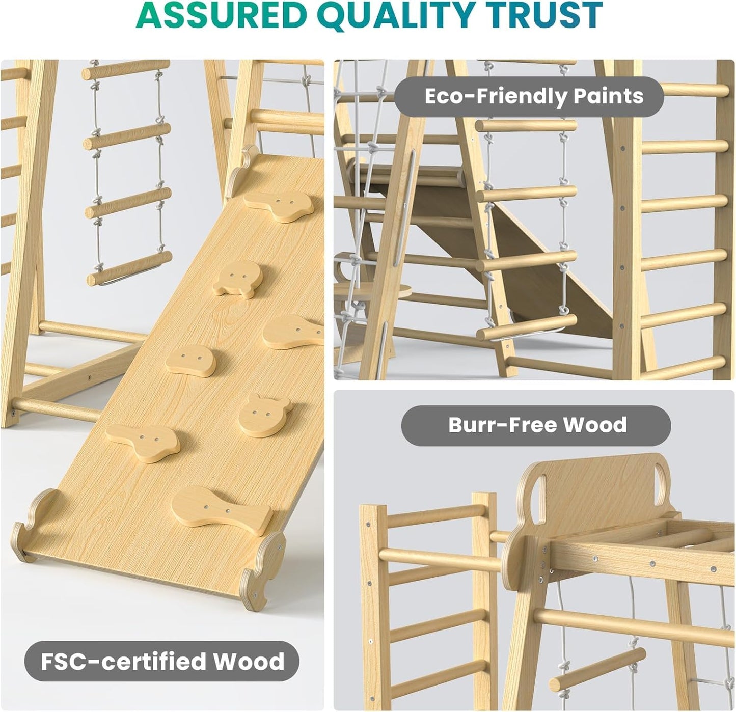 BlueWood Upgraded Indoor Jungle Gym 9-in-1 Playground Kids Climbing Toys, Waldorf Style Wooden Climber Playset with Slide, Swing, Monkey Bars, Upright/Rope Ladder, Climb Net, Natural Wood Color