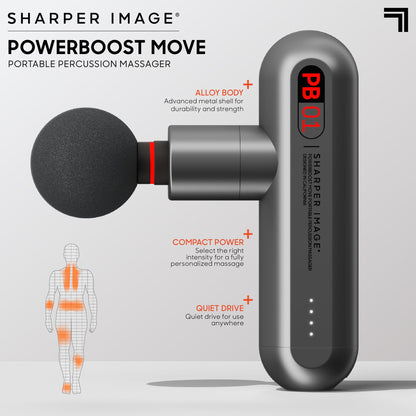 Sharper Image Percussion Massage Gun, Powerboost Move, Lightweight & Portable, 4 Attachments, 4 Speeds, Full Body Back & Shoulder Massager for Deep Tissue Muscle Recovery, Pain Relief & Soreness