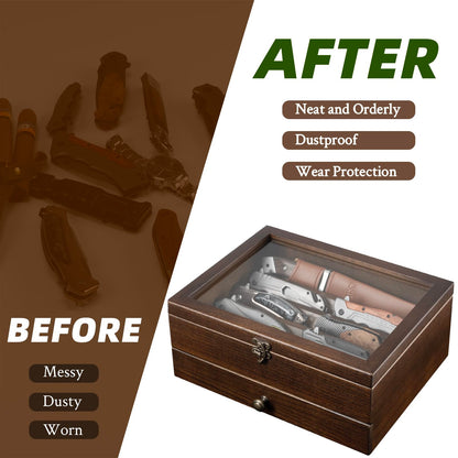 Knife Display Case Knife Collection Display Holder with Glass Lid, 2-Layer Wooden Pocket Knife Case with Drawers