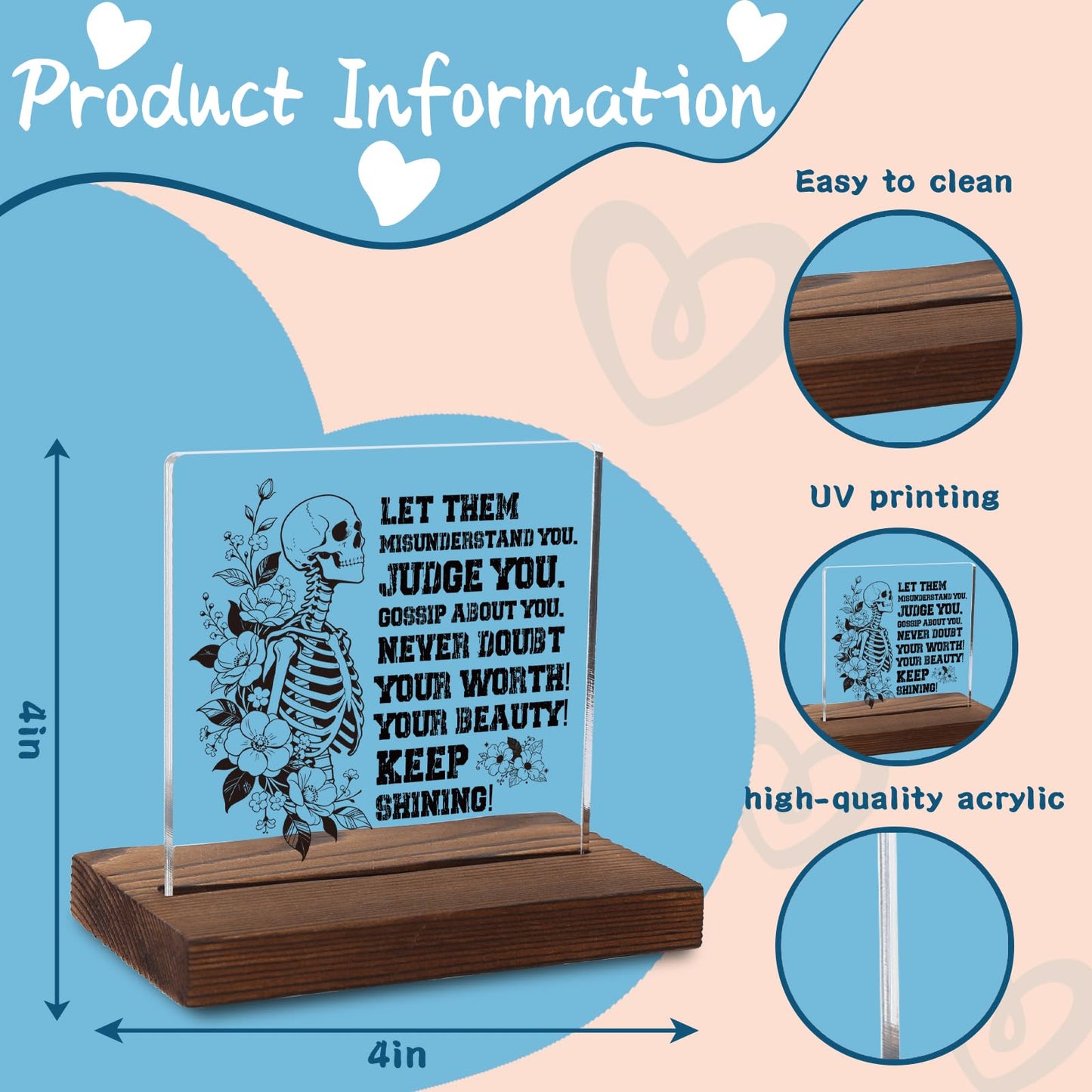Let Them Misunderstand You Self-Love Acrylic Plaque, Empowering Inspirational Gift for Friend, Edgy Floral Skeleton Decor for Self-Worth, Transparent Acrylic Plaque with Wooden Stand, XXD207