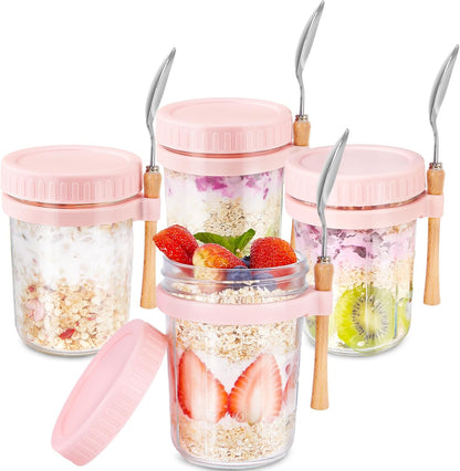 16oz 4 Pack HomArtist Glass Overnight Oats Containers with Lids and Spoon, Wide Mouth Mason Jars for Overnight Oats